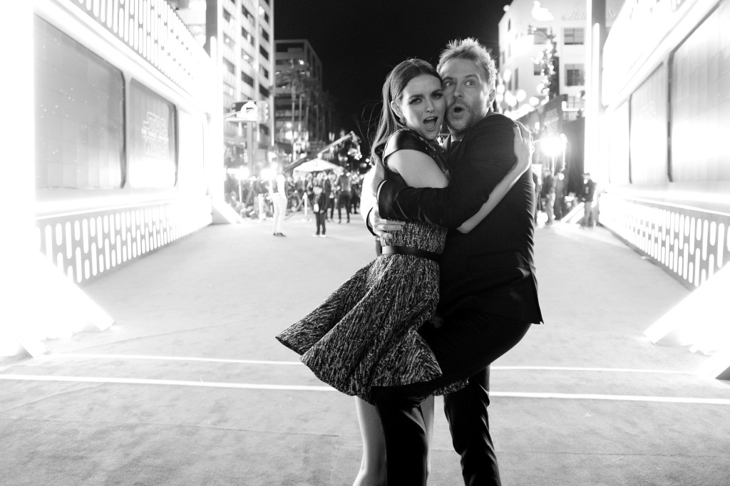 HOLLYWOOD, CA - DECEMBER 14: (EDITORS NOTE: Image has been shot in black and white. Color version not available.) Model Lydia Hearst (L) and TV personality Chris Hardwick attend the World Premiere of ?Star Wars: The Force Awakens? at the Dolby, El Capitan, and TCL Theatres on December 14, 2015 in Hollywood, California. (Photo by Charley Gallay/Getty Images for Disney) *** Local Caption *** Lydia Hearst;Chris Hardwick