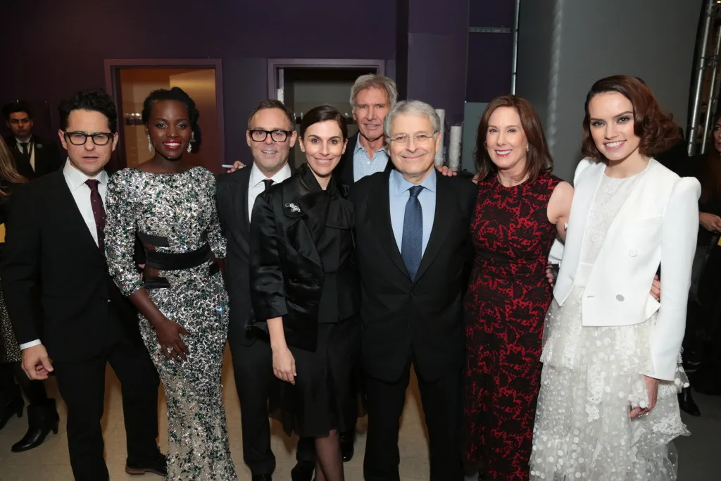J.J. Abrams, Lupita Nyong'o, Bryan Burk, Michelle Rejwan, Harrison Ford, Lawrence Kasdan, Kathleen Kennedy, Daisy Ridley pose together as Walt Disney Pictures and Lucasfilm's presents "Star Wars: The Force Awakens" World Premiere in Hollywood, California on Monday, December 14, 2015..(Photo: Alex J. Berliner/ABImages)