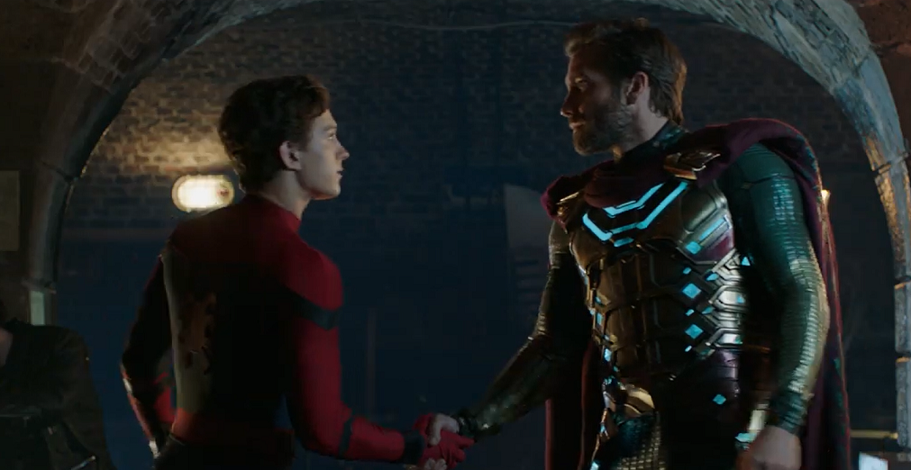spider-man far from home mysterio and peter shaking hands