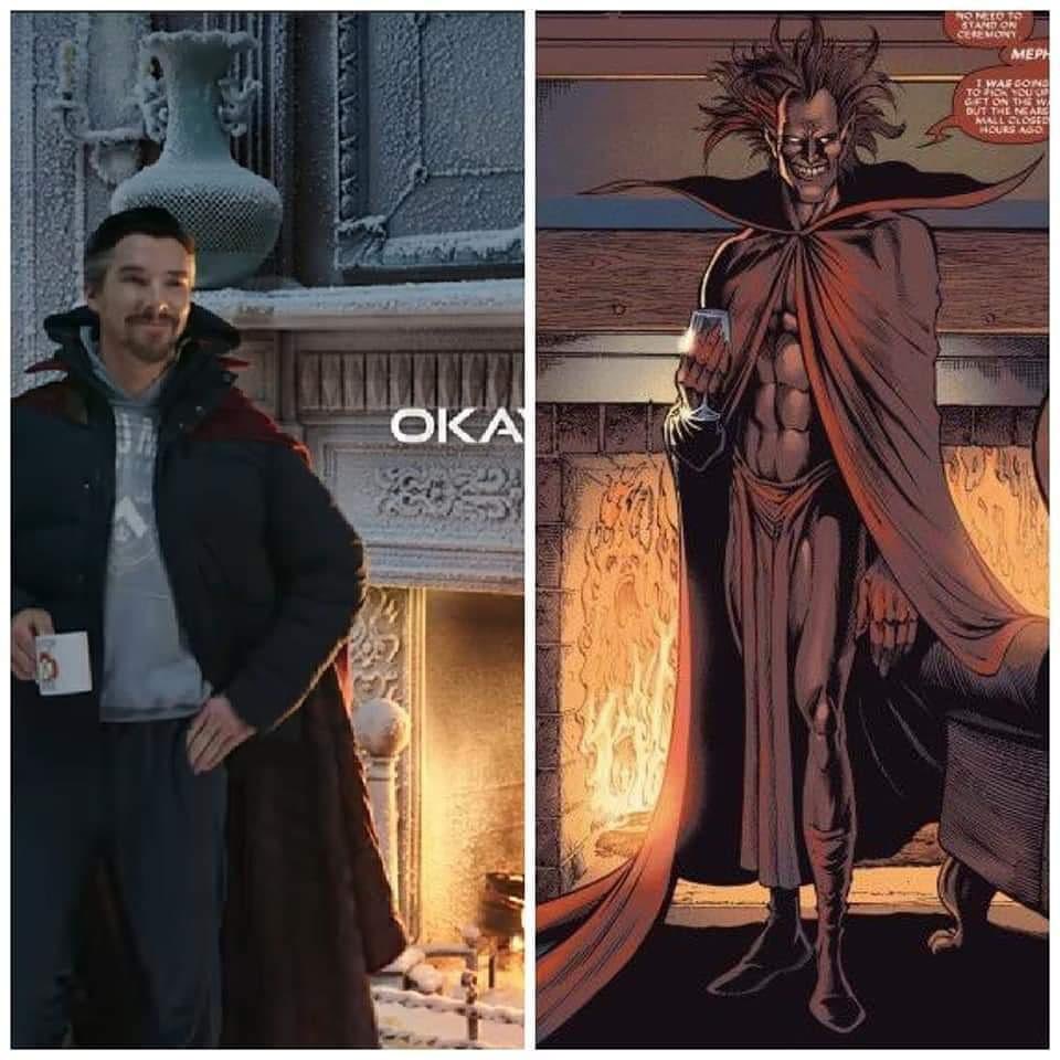 Izquierda: Benedict Cumberbatch como Dr. Strange. Derecha: Mephisto, personaje de cómic.